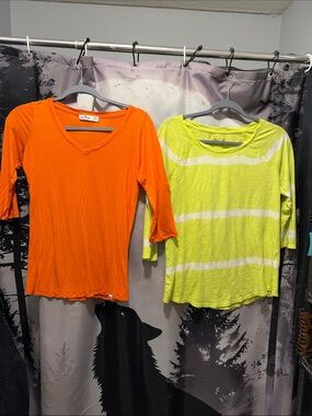 2 Hollister tops  Orange V-Neck Top & Neon Lime Stripe Boatneck Top